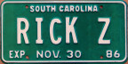 1986 South Carolina vanity "RICK Z"