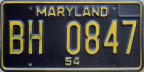 movie prop 1954 Maryland passenger car plate